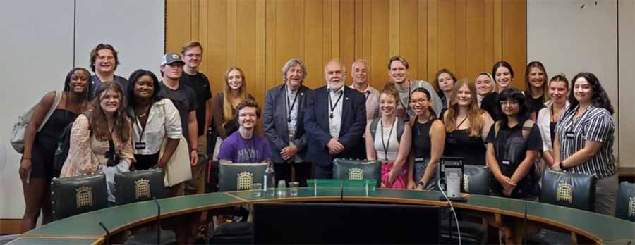 Students meeting with Sinn Fein MPs Mickey Brady (left) and Francie Molloy (right)